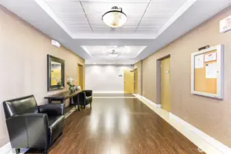 Spacious lobby has owner mailboxes and elevator. Fob needed inside elevator.