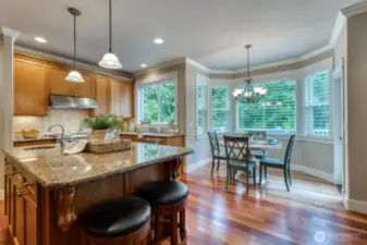Look at the beautiful crown molding, ornate corbels on the island and detailed window trim.