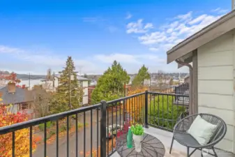Private deck with Lake Union and Olympic Mountain views