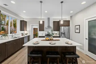 The oversized kitchen island is upgraded with double backed wood cabinets as well as the extended quartz for bar seating providing plenty of additional storage.