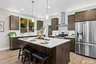 210 power was installed behind the gas range making it an easy swap if induction cooking is preferred.  The oversized window above the sink with the sun filtering through the trees and the magical gardens will make you look forward to clean up :)