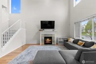 Cozy fireplace runs on natural gas.