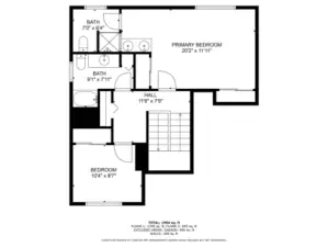 Floor plan for the top floor. The additional bedroom to the right of the stairs are not pictured here but is mirror image of the bedroom to the left except it is slightly larger.
