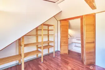 Abundant storage and walk in closet.
