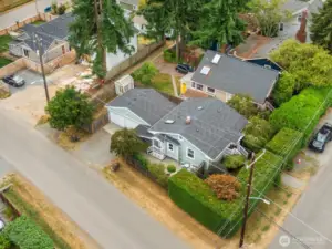 Aerial view of side and garage