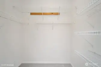 The primary suite features a spacious walk-in closet, perfect for keeping your wardrobe organized and easily accessible.