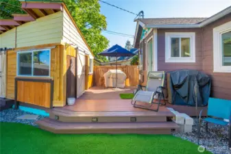 Very private space on the back deck accessed from the kitchen and with the additional outdoor living room shown to the left.