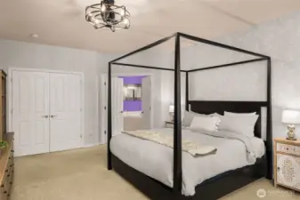 French doors into the bedroom and another set into the ensuite. Beautiful wallpaper accent wall.