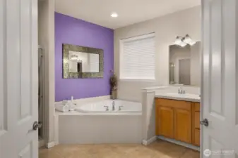An oversized soaking tub for hours of relaxation. If purple is not your color, that's an easy fix.