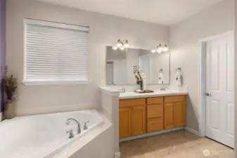 Double sinks and a walk-in closet round out this very spacious ensuite.