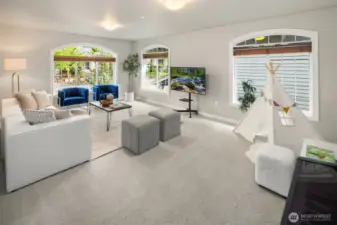 Large Bonus room on the upper level with a closet (6th bedroom).  Very light and bright perfect media room/play room/ game room etc.