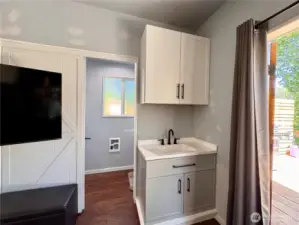 Barn doors to the bathroom.
