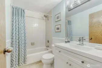 Full bath with updated vanity and lighting