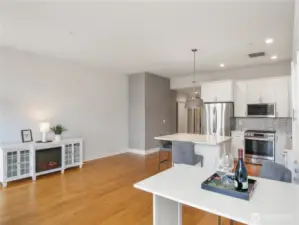 View of Built in pull down table looking towards the movable Electric Fireplace/TV stand
