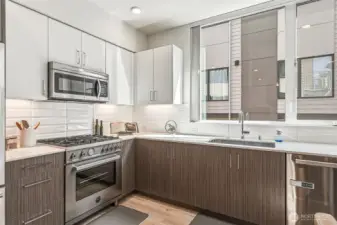 Bertazonni gas range served by great counterspace for meal prep