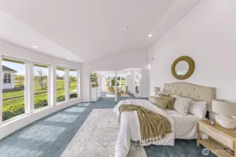 Luxurious space framed by bright windows and unique architectural features