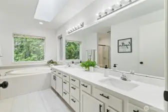 Primary 5pc bath with a dual sink vanity, soaking tub, and separate shower.