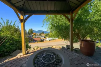 The backyard has low maintenance natural landscaping along with a firepit and covered gazebo.