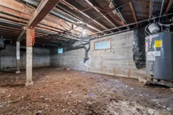 The hot water tank & furnace are in the large open space under the house. They were replaced in 2017.