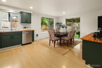 Kitchen with adjacent dining room.