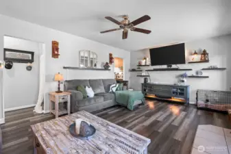 The kitchen and primary bedroom as well as bathroom are all located on the main floor.