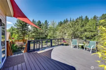 Raised deck off the back of the  middle floor provides a separate entry to the house and easy access to the yard and garage.