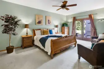 The primary suite is spacious and features access to the back patio