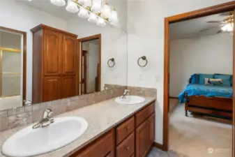 Jack and Jill bathroom. Bedroom with the blue bedcover and second bedroom (craft room) share this spacious bathroom. One piece fiberglass tub/shower with glass doors, double sinks, Granite countertops, Skylight and Tile Flooring.
