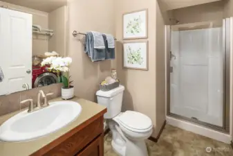 3/4 bath lower level -- wash and dryer behind the door.