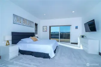 Spacious primary suite with a sliding door leading to the deck and back yard.