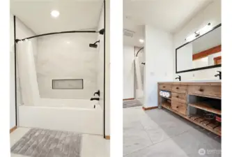 Full Bathroom with Dual Vanity Sinks and beautiful tub with built-in shelf