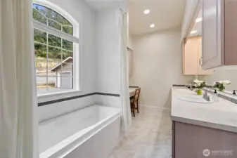 The bathroom has a huge cabinet with two sinks and a nice vanity to help you get ready for your day