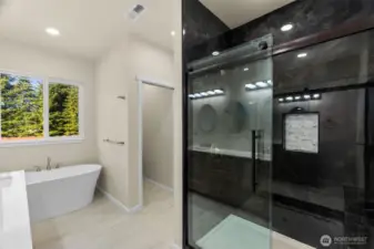 Another view of the primary ensuite, with walk-in-shower and private commode! (also w/ pocket door)