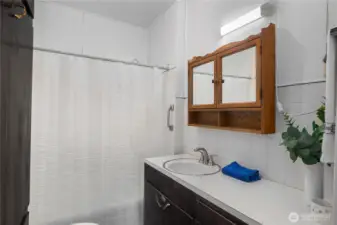 Full bathroom in hallway with extra storage cabinets.