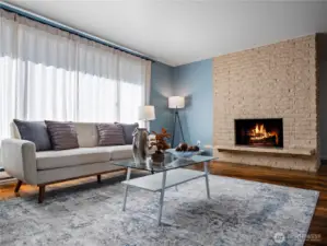 Living room and wood burning fireplace