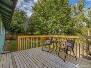 Back deck, leading into the partially fenced backyard.
