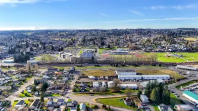 View looking down at intersection of Eaton Ave, Portal & Cedar & towards the West to dtown Ferndale, Ferndale High School and beyond.