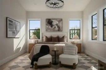 A luxurious primary suite with vaulted ceilings, creating a serene and spacious retreat designed for comfort and tranquility.