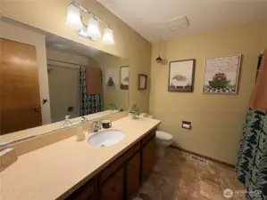 The full bathroom features a sleek granite countertop with a single sink, a large mirror, and ample counter space for everyday convenience.