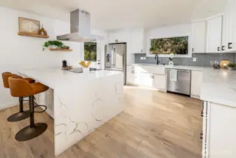 Super cool waterfall counter top and floating shelves.  Bright and light and easy access to outdoor deck!