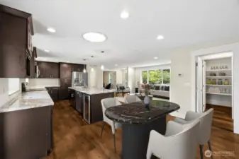 Chef Delight Kitchen, Walk-in Pantry, Slab Granite Counters. Solid Walnut Cabinets