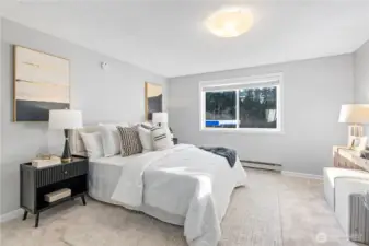 Bedroom #1 with new plush carpeting and new interior paint has western exposure for that warm afternoon sunlight.