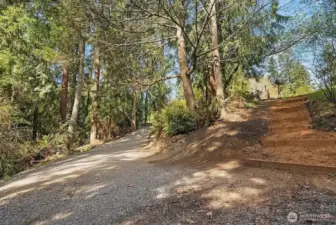 Driveway does not look this steep when you are standing on it. The little path from the right is from the Cul-De-Sac. The Power Pole is to the left of the Mailbox which is at the top of the path. Driveway has an easement over the neighbors home (easement is uploaded in docs). Receipt of Sellers expense to put this driveway in ($9000+) also uploaded in docs.