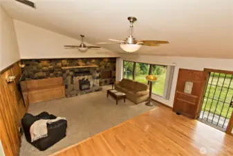 Looking down to the living room from the top of the stairs.
