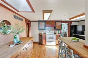 butcher block counters and large skylight