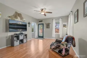 Home is mostly agreeable gray with some pops of white.