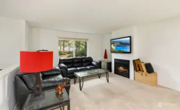 Living Room upstairs with electric fireplace and plenty of natural light.