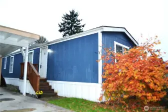 The front porch is right next to the carport, and there's a shed with lighting attached to the carport.