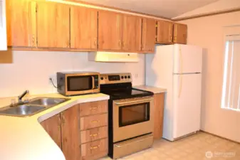 The large kitchen has plenty of cabinets.