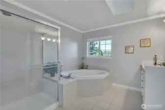 The five piece master bath, which is off the master, featuring a soaking tub.